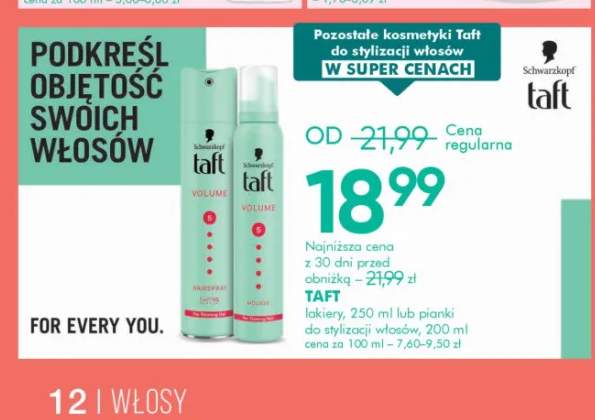 Lakier do stylizacji włosów Taft Volume +1 wariant